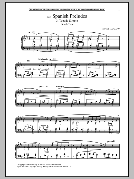 Miguel Manzano Spanish Preludes, 3. Tonada Simple (Simple Tune) Sheet Music Notes & Chords for Piano Solo - Download or Print PDF