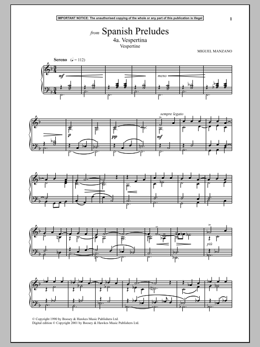 Miguel Manzano Spanish Preludes, 4a. Vespertina (Vespertine) Sheet Music Notes & Chords for Piano Solo - Download or Print PDF