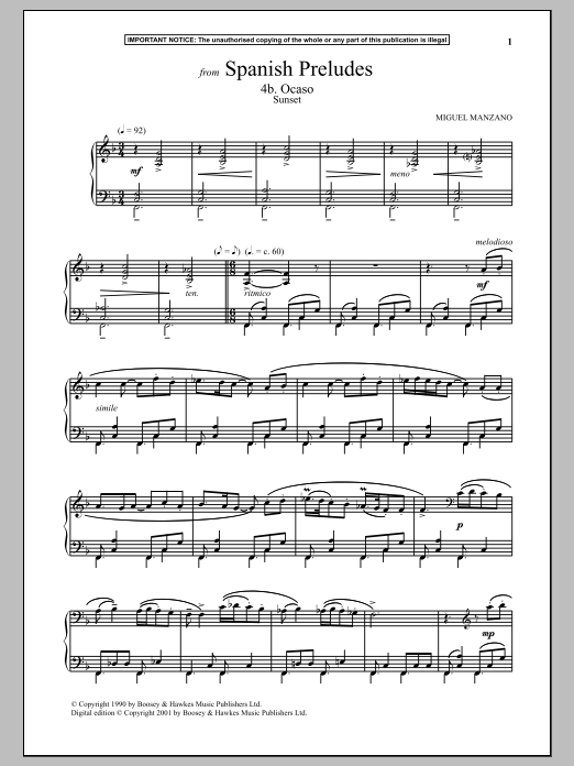 Miguel Manzano Spanish Preludes, 4b. Ocaso (Sunset) Sheet Music Notes & Chords for Piano Solo - Download or Print PDF