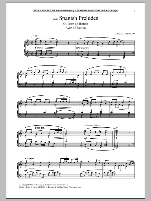 Miguel Manzano Spanish Preludes, 5a. Aire De Ronda (Ayre of Ronda) Sheet Music Notes & Chords for Piano Solo - Download or Print PDF