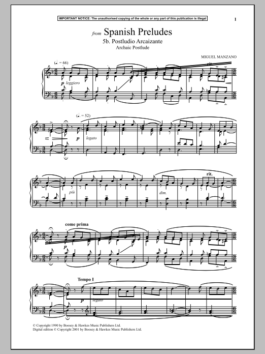 Miguel Manzano Spanish Preludes, 5b. Postludio Arcaizante (Archaic Postlude) Sheet Music Notes & Chords for Piano Solo - Download or Print PDF