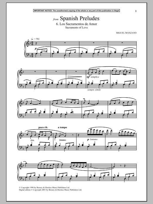 Miguel Manzano Spanish Preludes, 6. Los Sacramentos De Amor (Sacraments Of Love) Sheet Music Notes & Chords for Piano Solo - Download or Print PDF