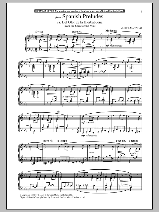 Miguel Manzano Spanish Preludes, 7a. Del Olor De La Hierbabuena (From The Scent Of The Mint) Sheet Music Notes & Chords for Piano Solo - Download or Print PDF