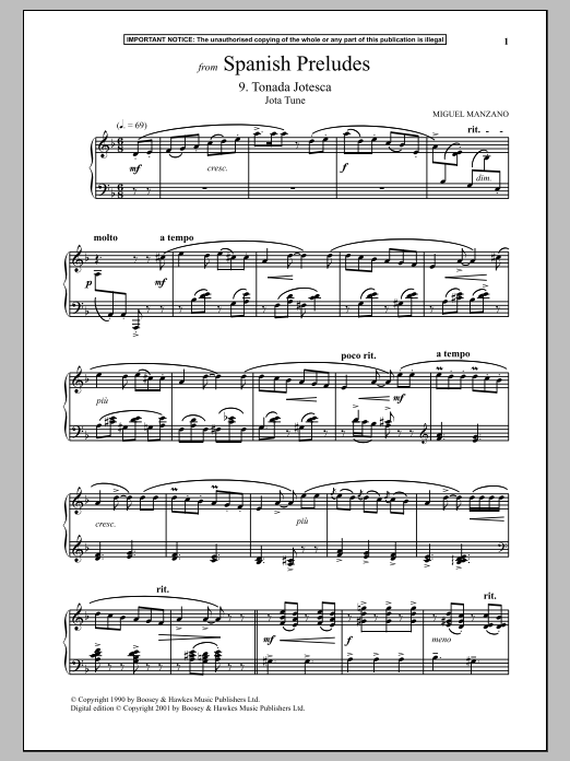 Miguel Manzano Spanish Preludes, 9. Tonada Jotesca (Jota Tune) Sheet Music Notes & Chords for Piano Solo - Download or Print PDF
