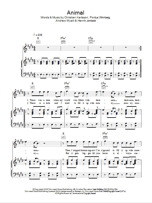 Miike Snow Animal Sheet Music Notes & Chords for Piano, Vocal & Guitar (Right-Hand Melody) - Download or Print PDF