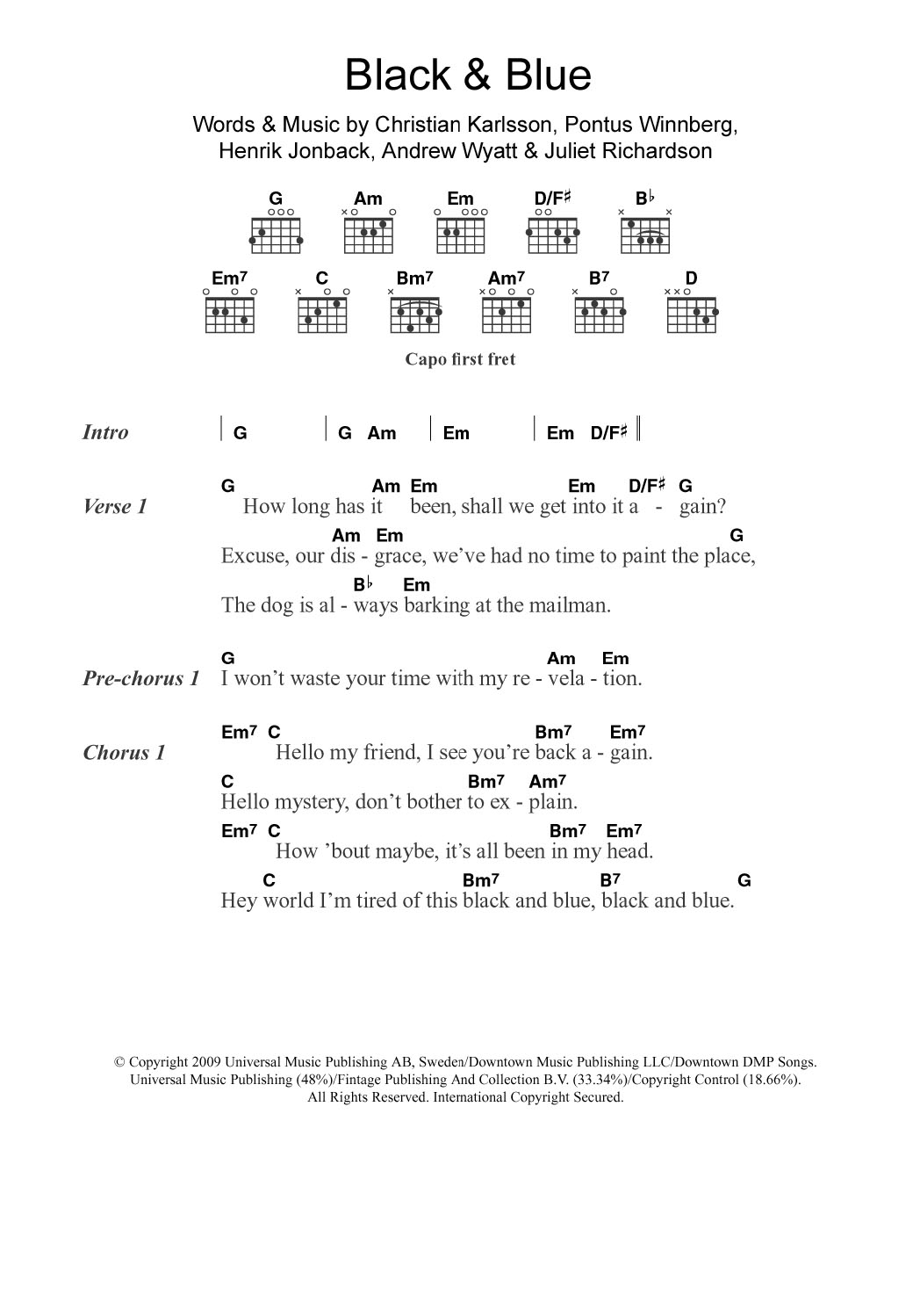 Miike Snow Black and Blue Sheet Music Notes & Chords for Guitar Chords/Lyrics - Download or Print PDF