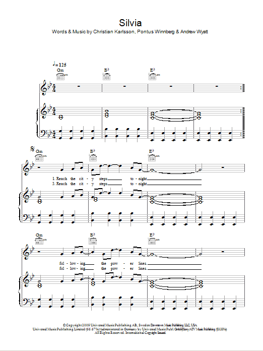 Miike Snow Silvia Sheet Music Notes & Chords for Piano, Vocal & Guitar (Right-Hand Melody) - Download or Print PDF