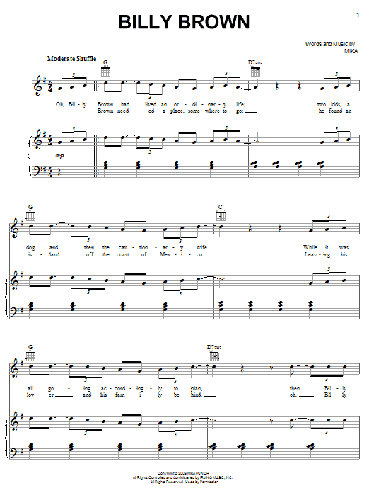 Mika Billy Brown Sheet Music Notes & Chords for Piano, Vocal & Guitar (Right-Hand Melody) - Download or Print PDF Mika Billy Brown Sheet Music Notes & Chords for Piano, Vocal & Guitar (Right-Hand Melody) - Download or Print PDF