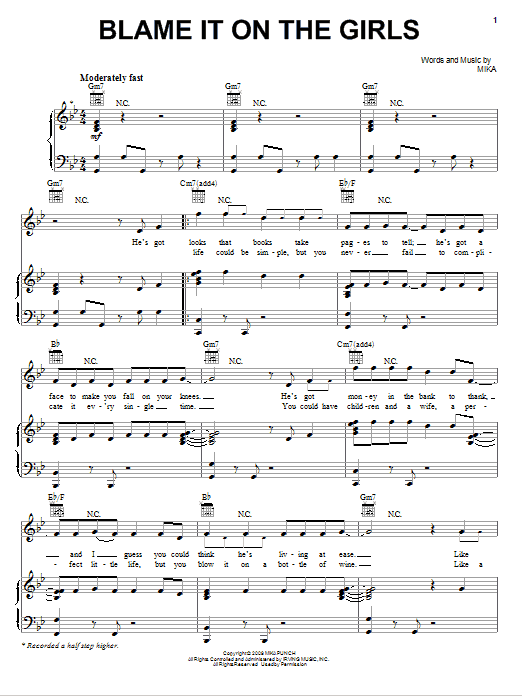 Mika Blame It On The Girls Sheet Music Notes & Chords for Piano, Vocal & Guitar (Right-Hand Melody) - Download or Print PDF