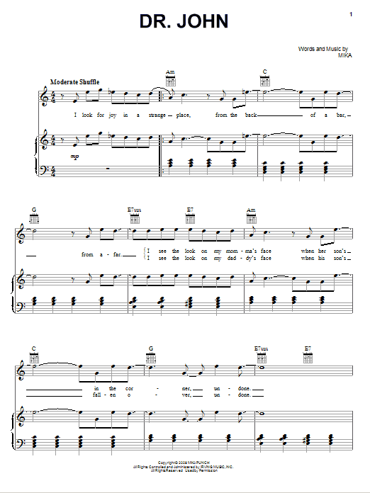 Mika Dr. John Sheet Music Notes & Chords for Piano, Vocal & Guitar (Right-Hand Melody) - Download or Print PDF