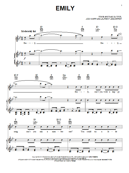 Mika Emily Sheet Music Notes & Chords for Piano, Vocal & Guitar (Right-Hand Melody) - Download or Print PDF