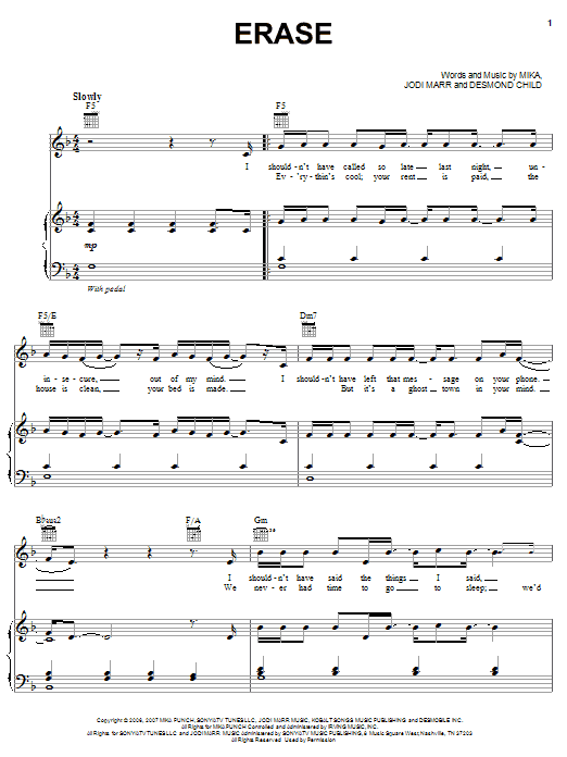 Mika Erase Sheet Music Notes & Chords for Piano, Vocal & Guitar (Right-Hand Melody) - Download or Print PDF