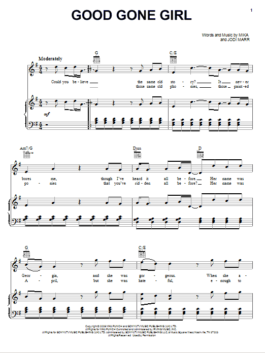 Mika Good Gone Girl Sheet Music Notes & Chords for Piano, Vocal & Guitar (Right-Hand Melody) - Download or Print PDF