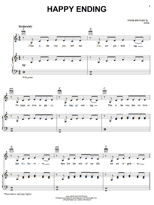 Mika Happy Ending Sheet Music Notes & Chords for Piano, Vocal & Guitar (Right-Hand Melody) - Download or Print PDF