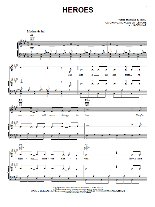 Mika Heroes Sheet Music Notes & Chords for Piano, Vocal & Guitar (Right-Hand Melody) - Download or Print PDF