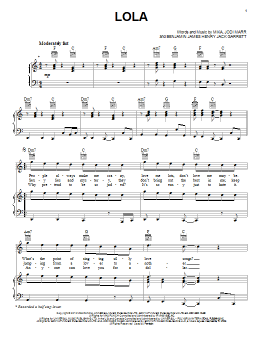 Mika Lola Sheet Music Notes & Chords for Piano, Vocal & Guitar (Right-Hand Melody) - Download or Print PDF