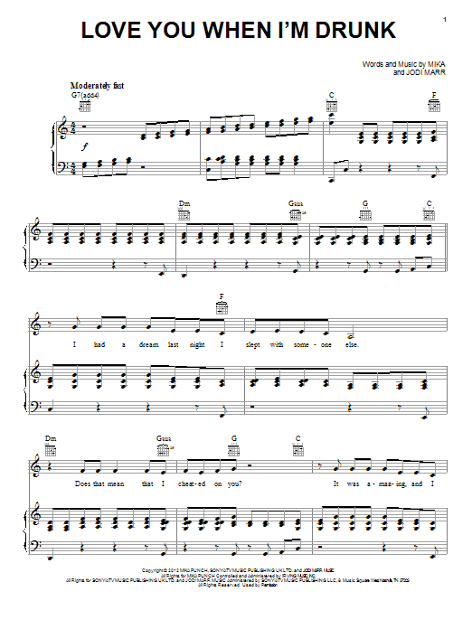 Mika Love You When I'm Drunk Sheet Music Notes & Chords for Piano, Vocal & Guitar (Right-Hand Melody) - Download or Print PDF