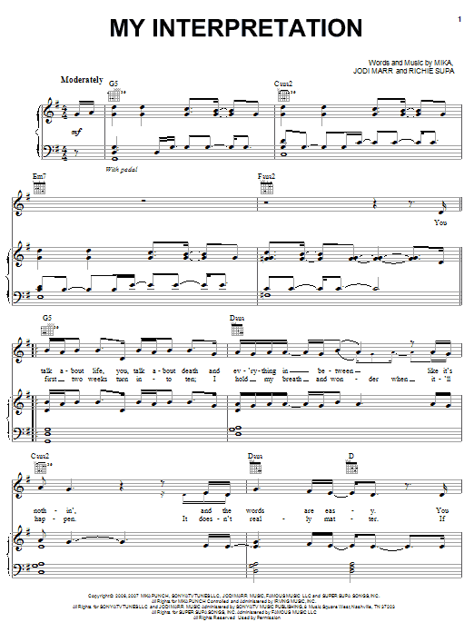 Mika My Interpretation Sheet Music Notes & Chords for Piano, Vocal & Guitar (Right-Hand Melody) - Download or Print PDF