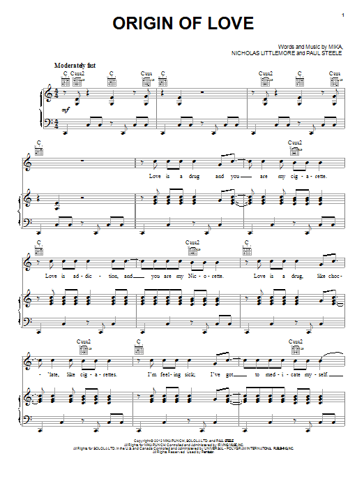 Mika Origin Of Love Sheet Music Notes & Chords for Piano, Vocal & Guitar (Right-Hand Melody) - Download or Print PDF
