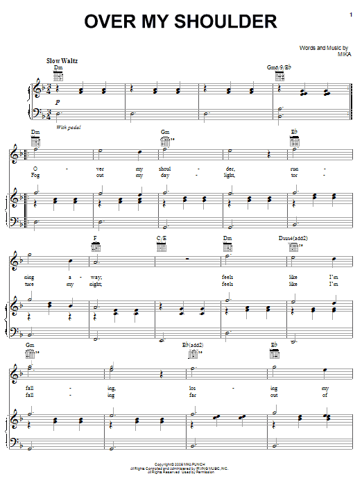 Mika Over My Shoulder Sheet Music Notes & Chords for Piano, Vocal & Guitar (Right-Hand Melody) - Download or Print PDF