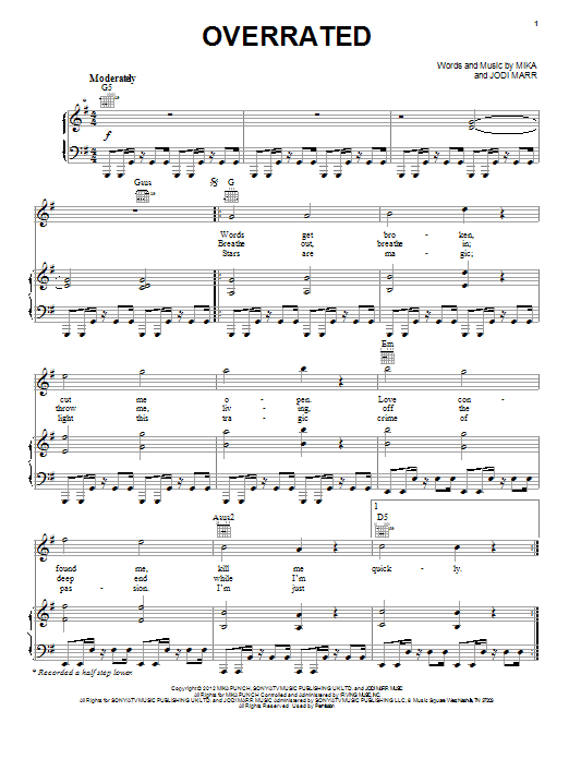 Mika Overrated Sheet Music Notes & Chords for Piano, Vocal & Guitar (Right-Hand Melody) - Download or Print PDF