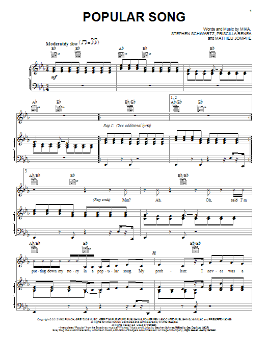 Mika Popular Song Sheet Music Notes & Chords for Piano, Vocal & Guitar (Right-Hand Melody) - Download or Print PDF