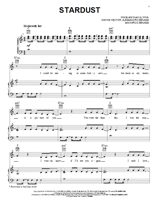 Mika Stardust Sheet Music Notes & Chords for Piano, Vocal & Guitar (Right-Hand Melody) - Download or Print PDF