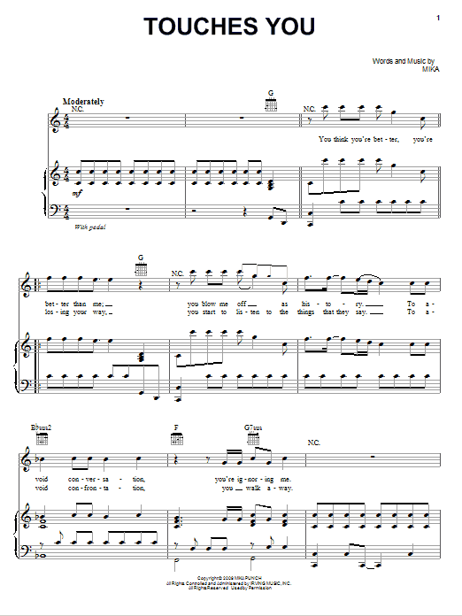 Mika Touches You Sheet Music Notes & Chords for Piano, Vocal & Guitar (Right-Hand Melody) - Download or Print PDF