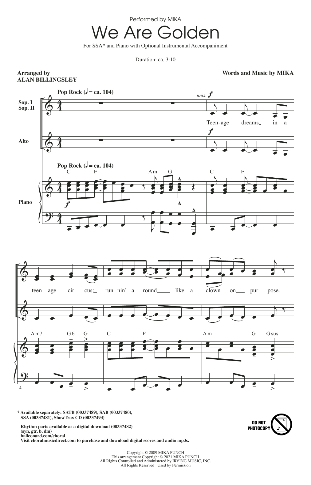 Mika We Are Golden (arr. Alan Billingsley) Sheet Music Notes & Chords for SSA Choir - Download or Print PDF