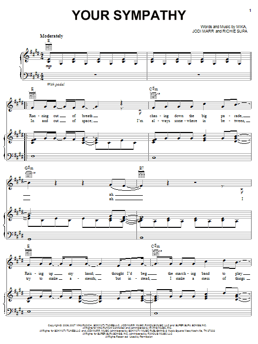 Mika Your Sympathy Sheet Music Notes & Chords for Piano, Vocal & Guitar (Right-Hand Melody) - Download or Print PDF