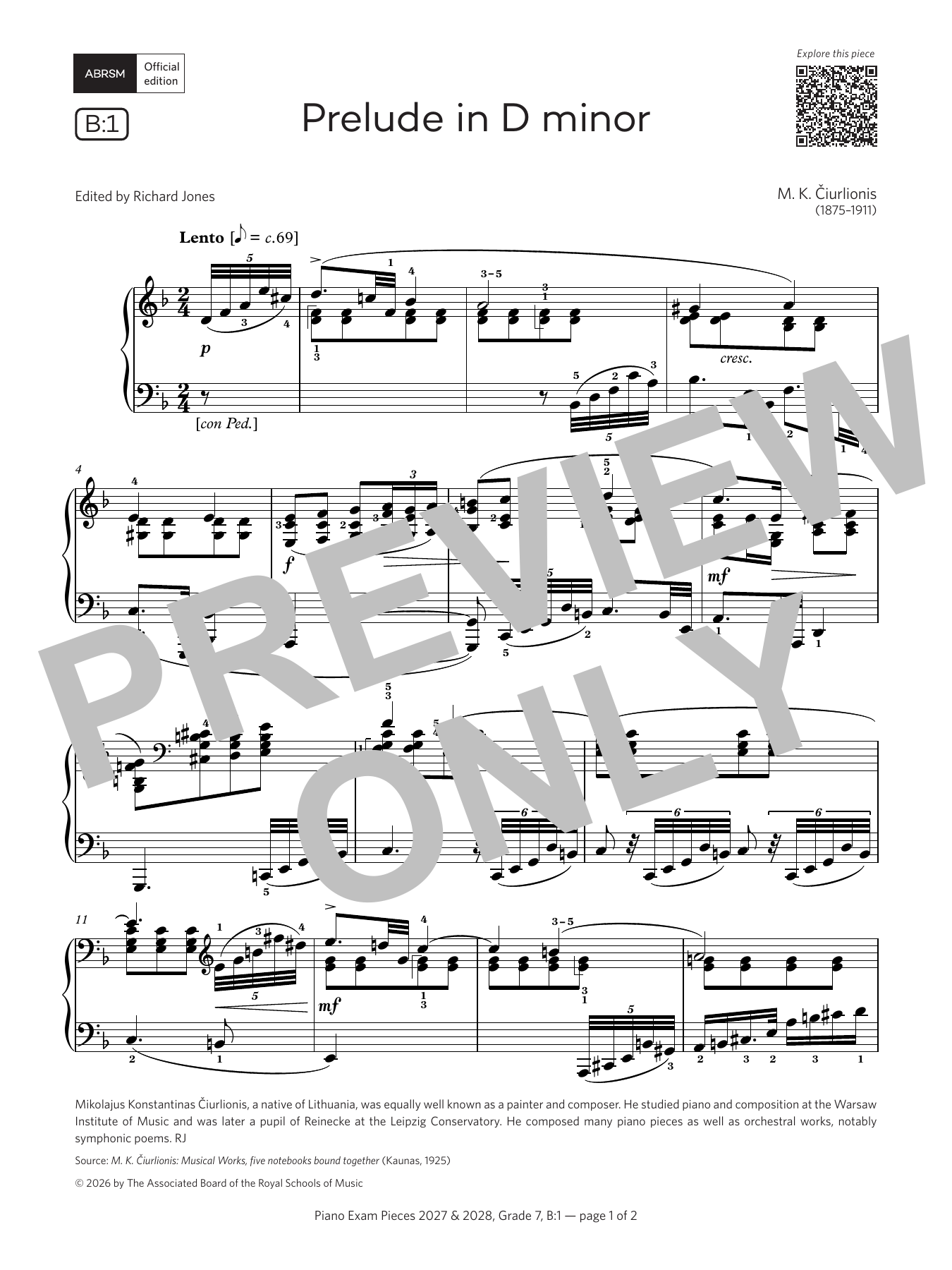 Mikalojus Konstantinas Ciurlionis Prelude in D minor (Grade 7, list B1, from the ABRSM Piano Syllabus 2027 & 2028) Sheet Music Notes & Chords for Piano Solo - Download or Print PDF