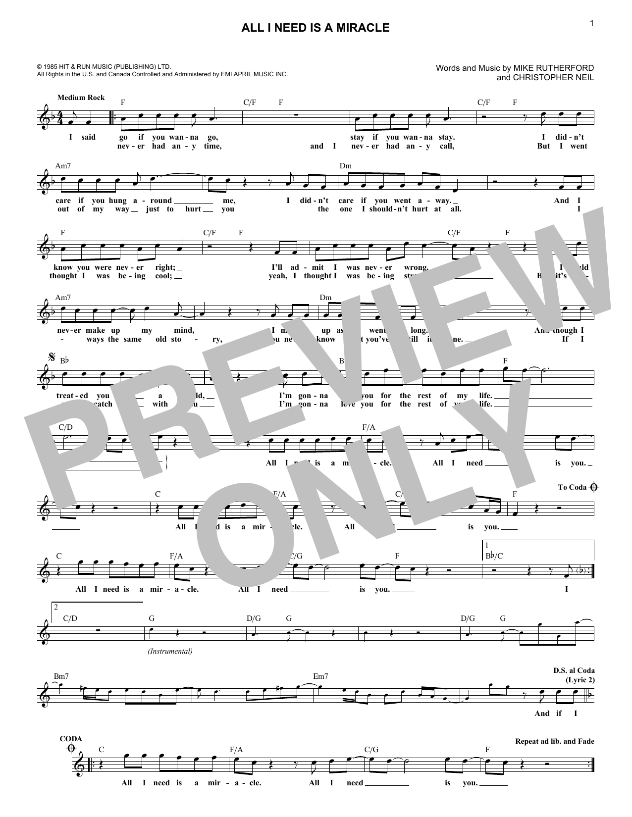 Mike & The Mechanics All I Need Is A Miracle Sheet Music Notes & Chords for Piano, Vocal & Guitar Chords (Right-Hand Melody) - Download or Print PDF