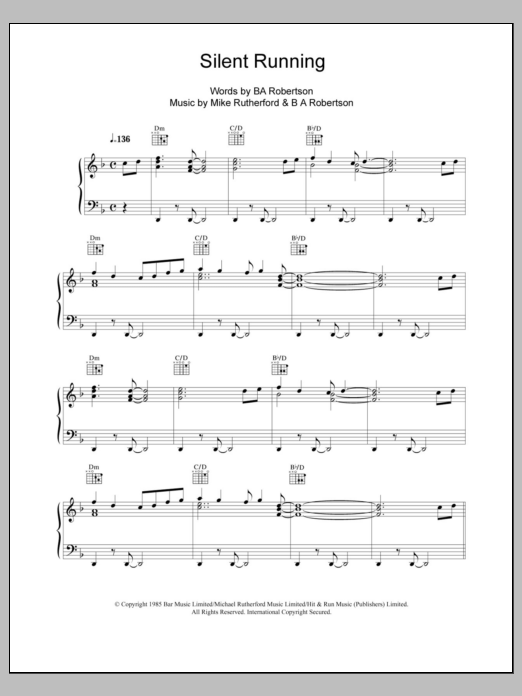 Mike + The Mechanics Silent Running Sheet Music Notes & Chords for Piano, Vocal & Guitar (Right-Hand Melody) - Download or Print PDF