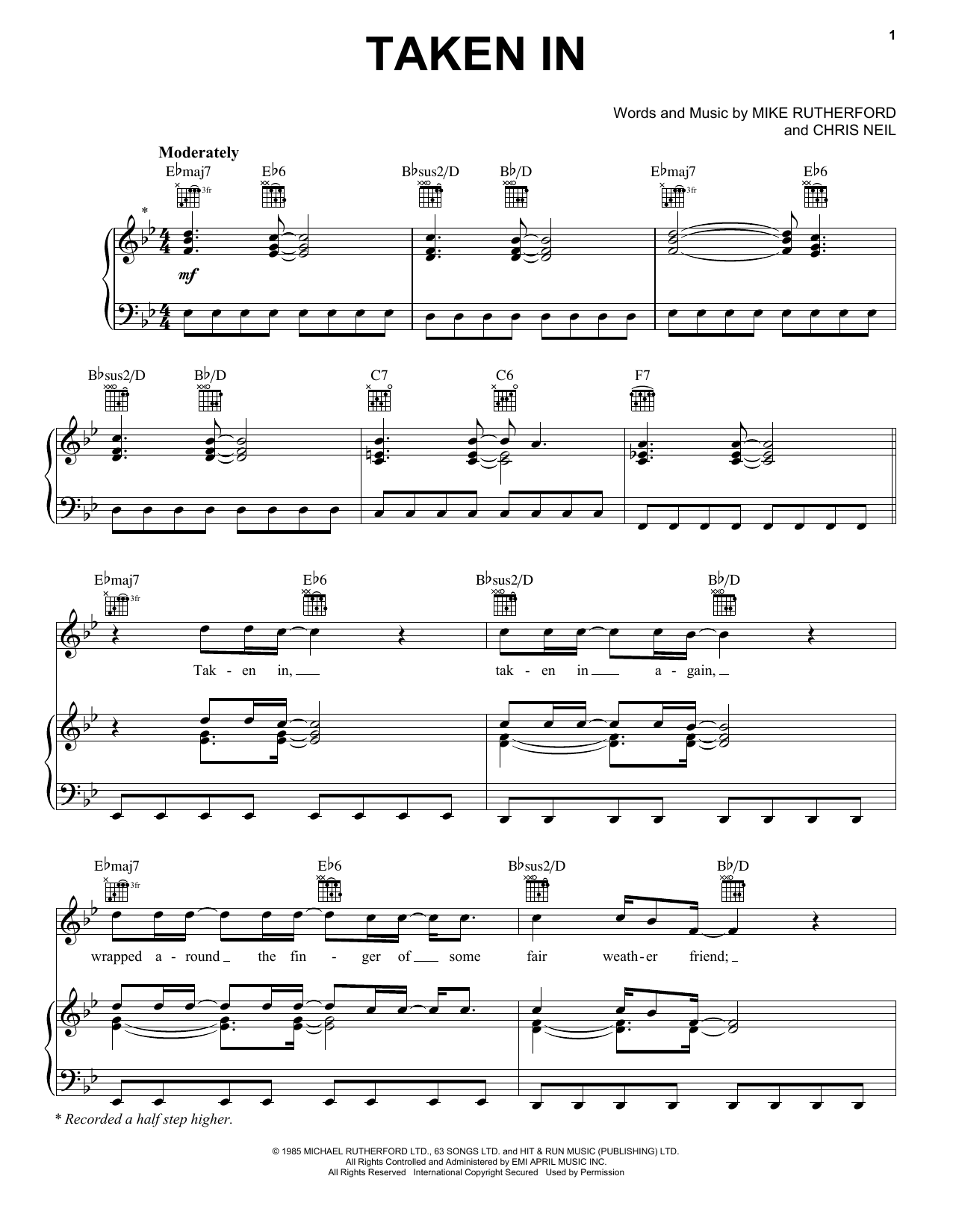 Mike + The Mechanics Taken In Sheet Music Notes & Chords for Piano, Vocal & Guitar Chords (Right-Hand Melody) - Download or Print PDF
