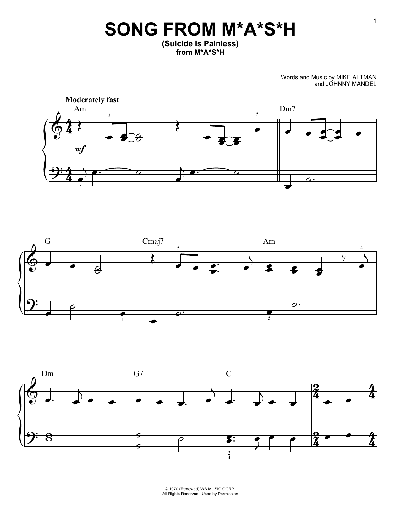 Mike Altman and Johnny Mandel Song From M*A*S*H (Suicide Is Painless) Sheet Music Notes & Chords for Very Easy Piano - Download or Print PDF