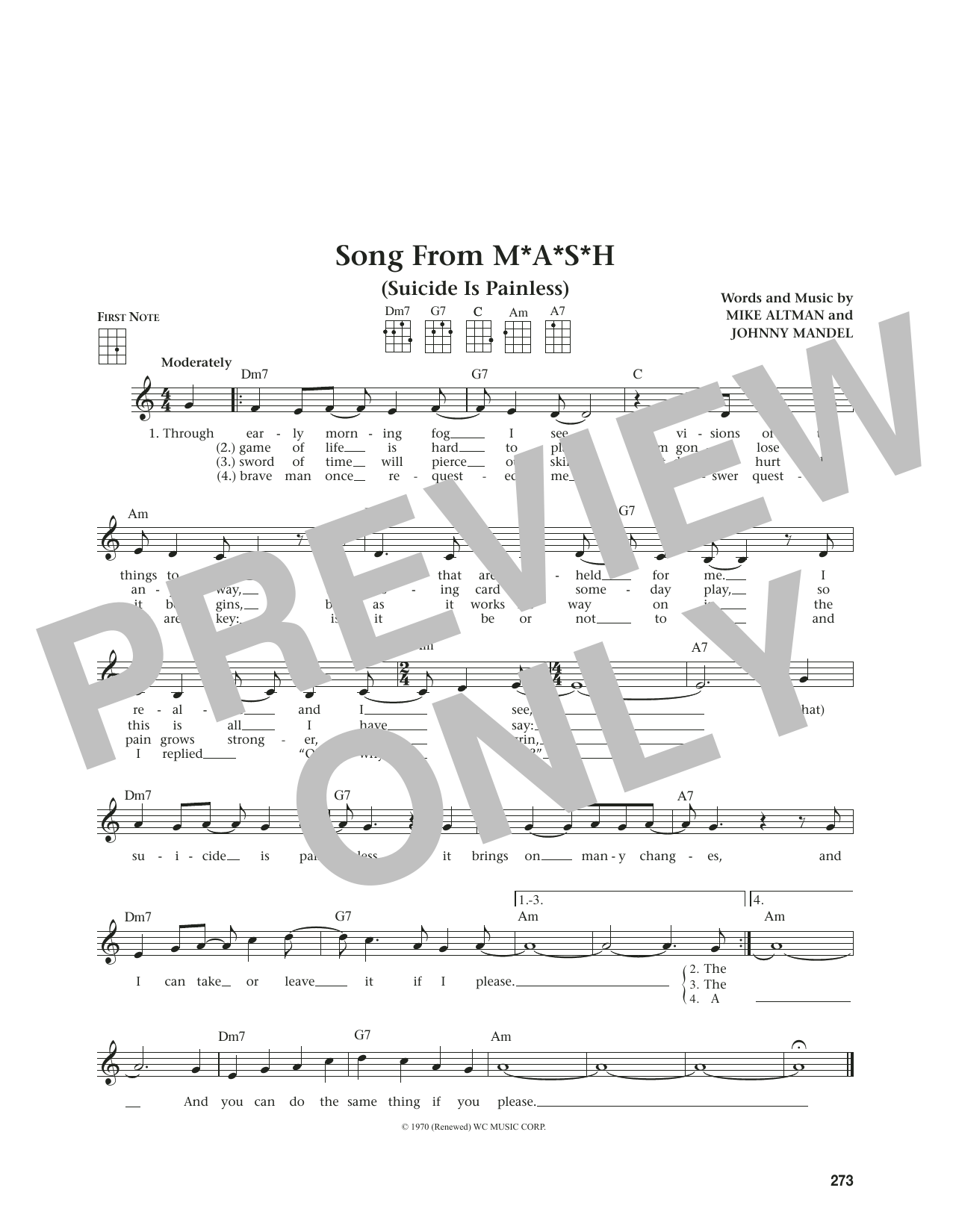 Mike Altman Song From M*A*S*H (Suicide Is Painless) (from The Daily Ukulele) (arr. Jim Beloff) Sheet Music Notes & Chords for Ukulele - Download or Print PDF