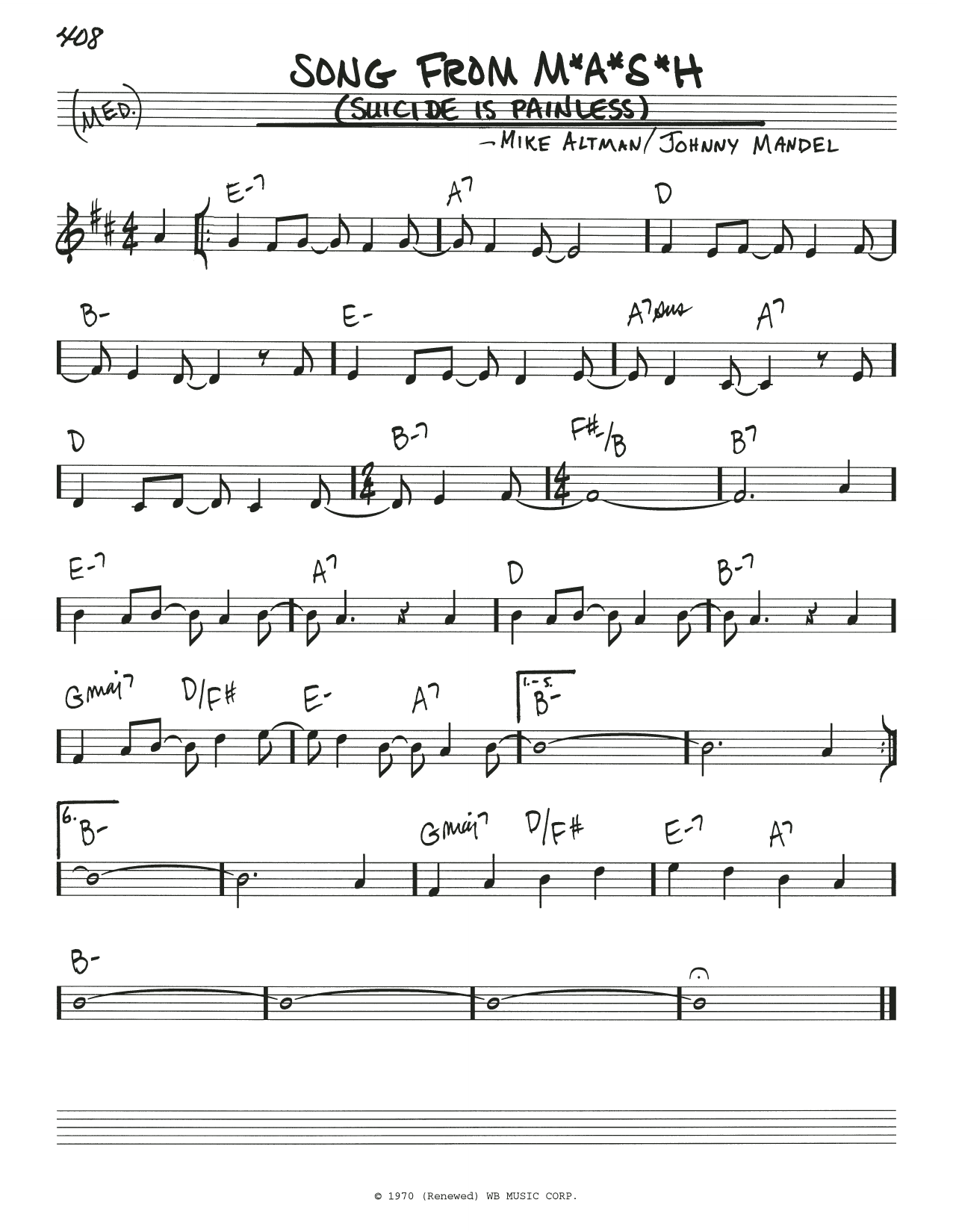 Mike Altman Song From M*A*S*H (Suicide Is Painless) Sheet Music Notes & Chords for Real Book – Melody & Chords - Download or Print PDF