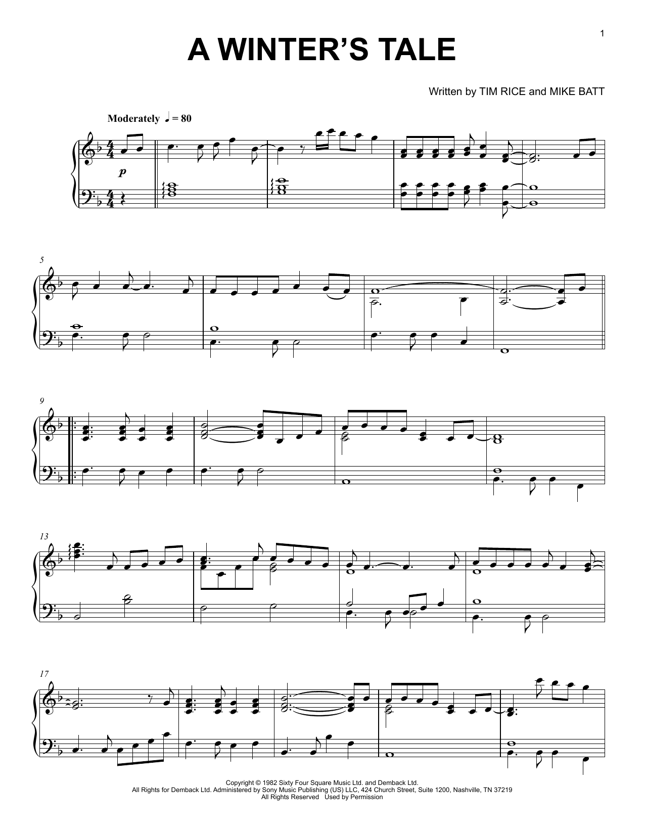 Mike Batt A Winter's Tale Sheet Music Notes & Chords for Piano Solo - Download or Print PDF