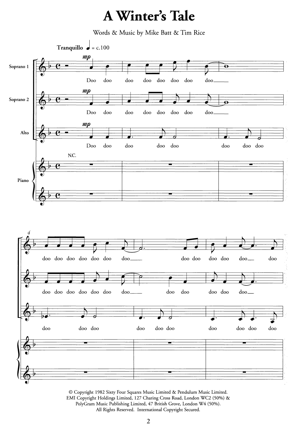 Mike Batt and Tim Rice A Winter's Tale Sheet Music Notes & Chords for SSA Choir - Download or Print PDF