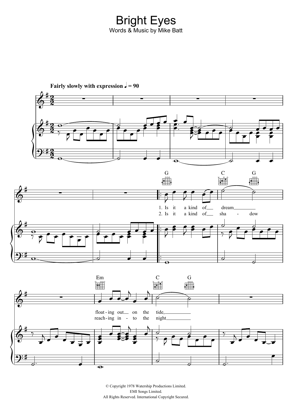 Mike Batt Bright Eyes Sheet Music Notes & Chords for Piano, Vocal & Guitar (Right-Hand Melody) - Download or Print PDF