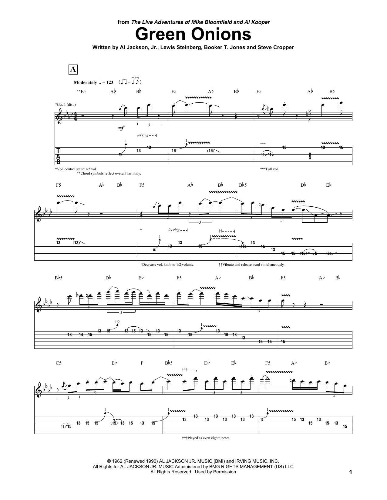 Mike Bloomfield & Al Kooper Green Onions Sheet Music Notes & Chords for Guitar Tab - Download or Print PDF