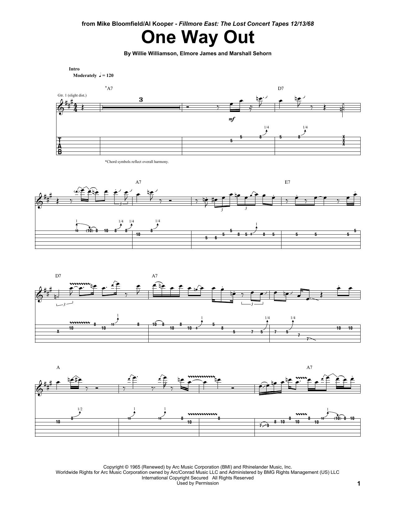Mike Bloomfield One Way Out Sheet Music Notes & Chords for Guitar Tab - Download or Print PDF