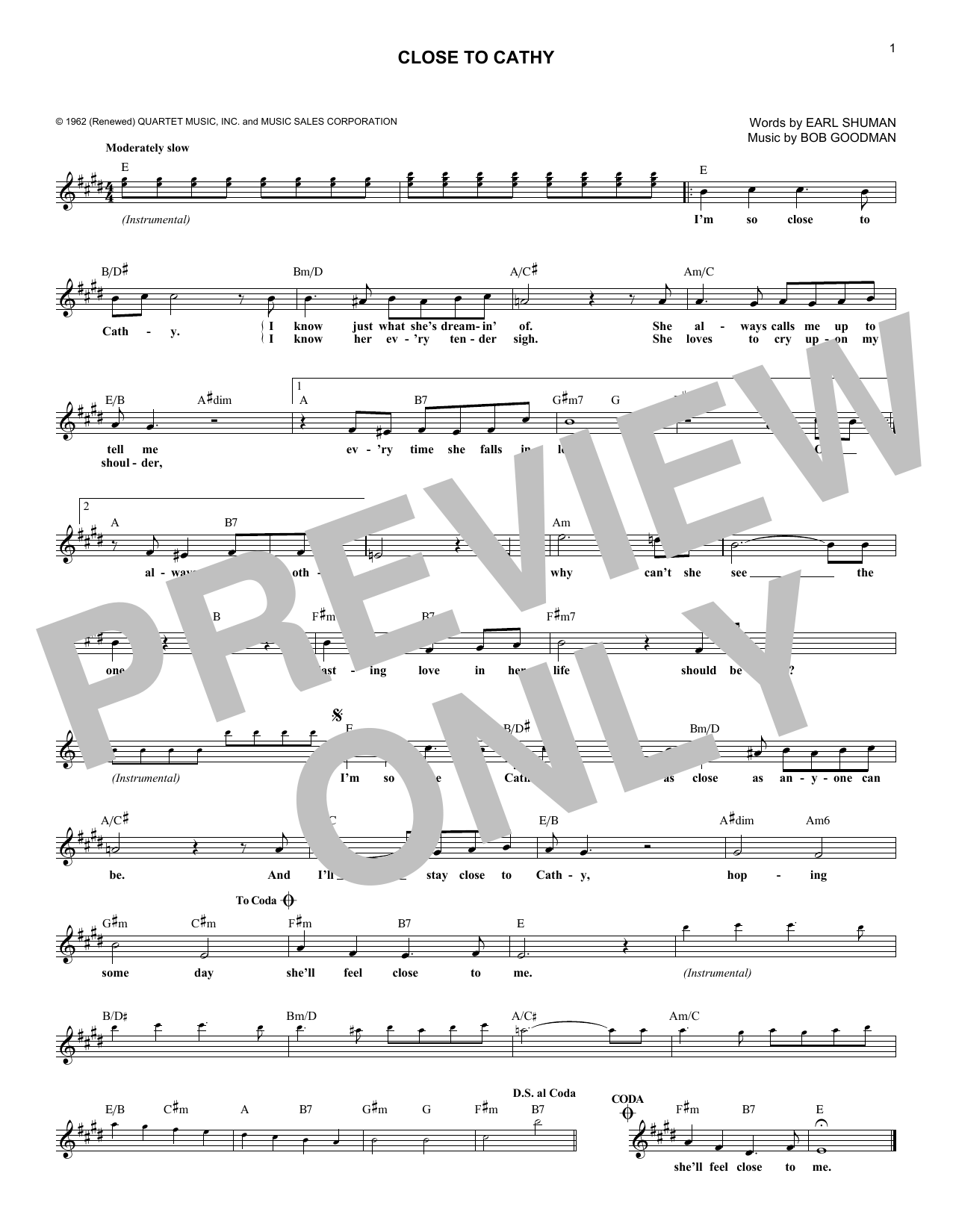 Mike Clifford Close To Cathy Sheet Music Notes & Chords for Melody Line, Lyrics & Chords - Download or Print PDF
