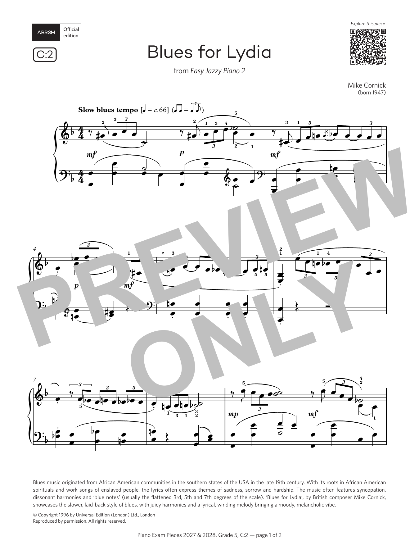 Mike Cornick Blues for Lydia (Grade 5, list C2, from the ABRSM Piano Syllabus 2027 & 2028) Sheet Music Notes & Chords for Piano Solo - Download or Print PDF