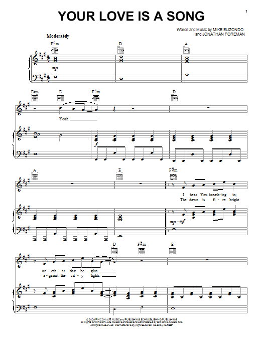 Mike Elizondo Your Love Is A Song Sheet Music Notes & Chords for Piano, Vocal & Guitar (Right-Hand Melody) - Download or Print PDF