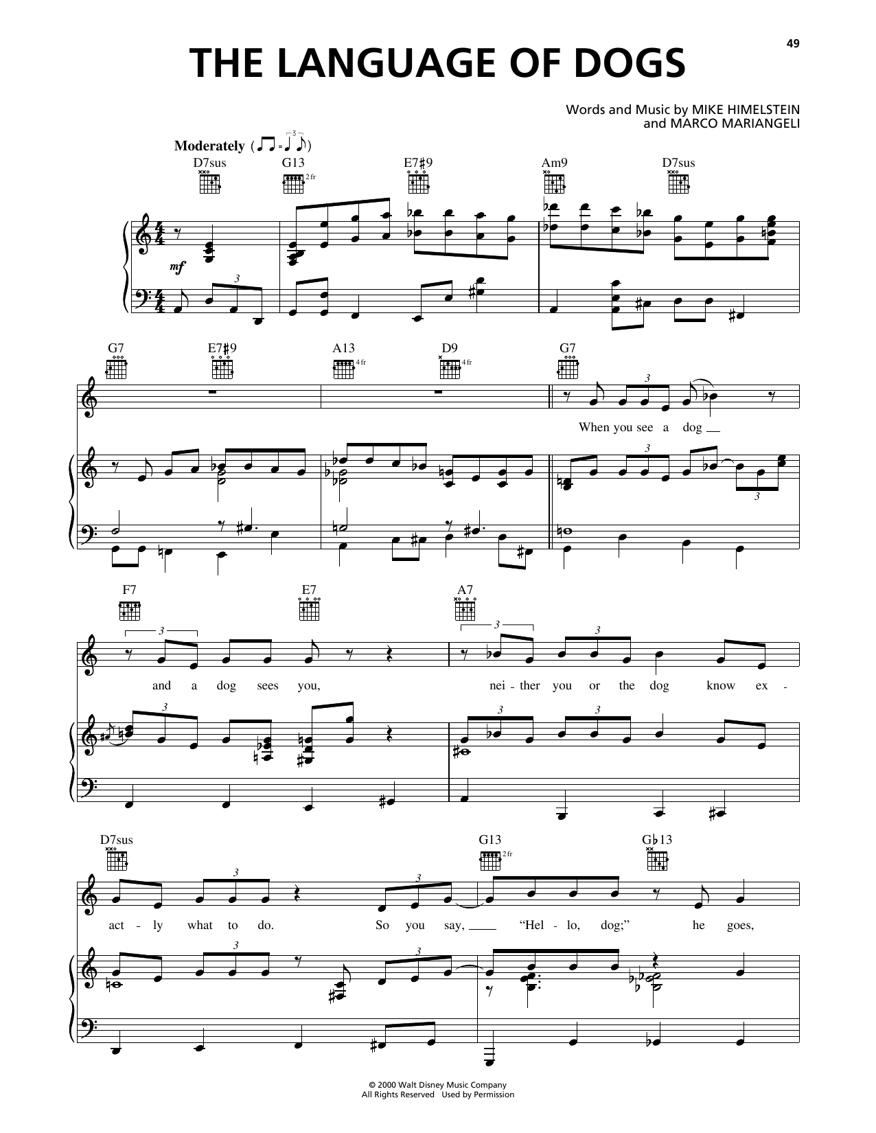 Mike Himelstein The Language Of Dogs (from 102 Dalmatians) Sheet Music Notes & Chords for Piano, Vocal & Guitar Chords (Right-Hand Melody) - Download or Print PDF