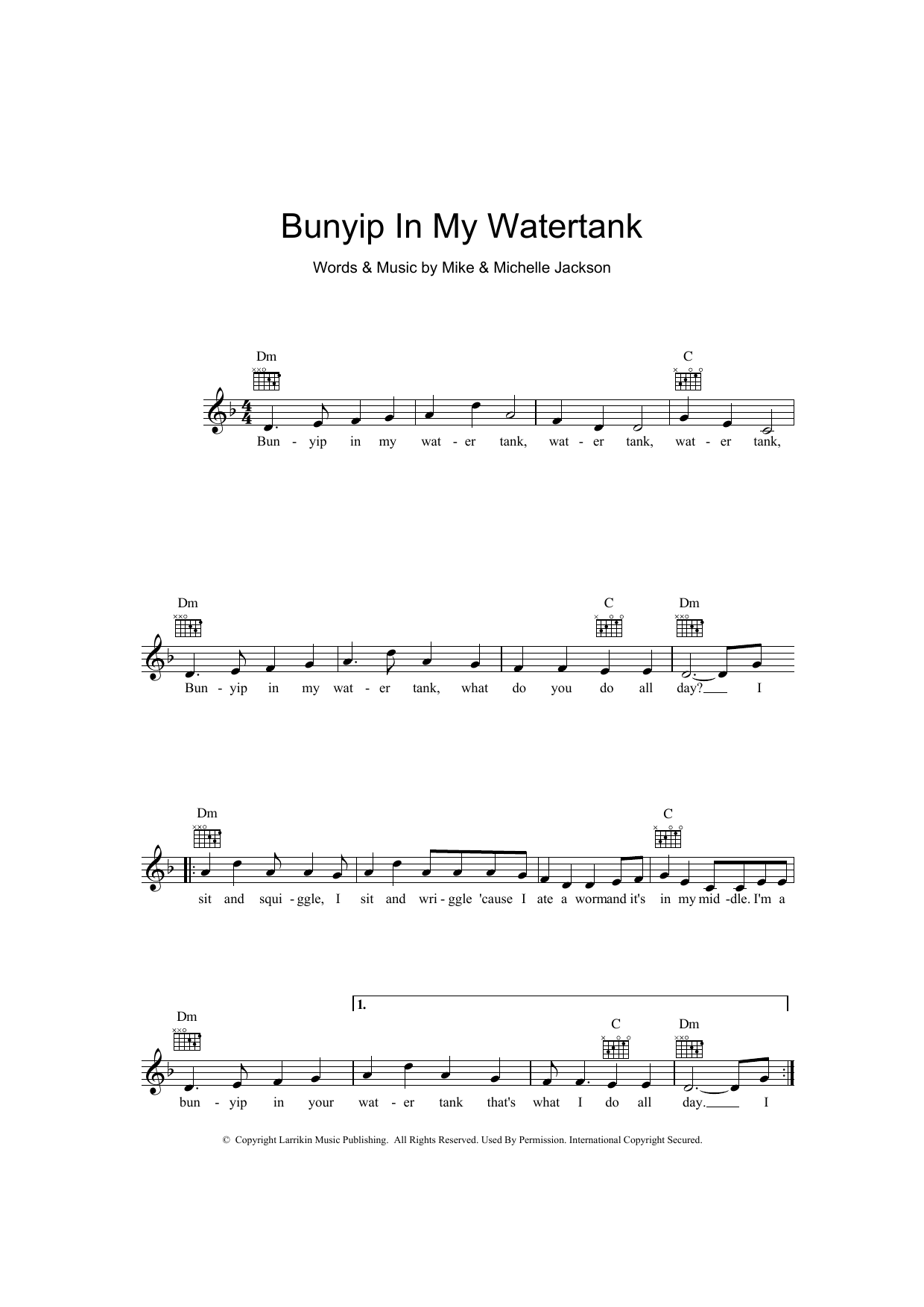 Mike Jackson Bunyip In My Water Tank Sheet Music Notes & Chords for Melody Line, Lyrics & Chords - Download or Print PDF