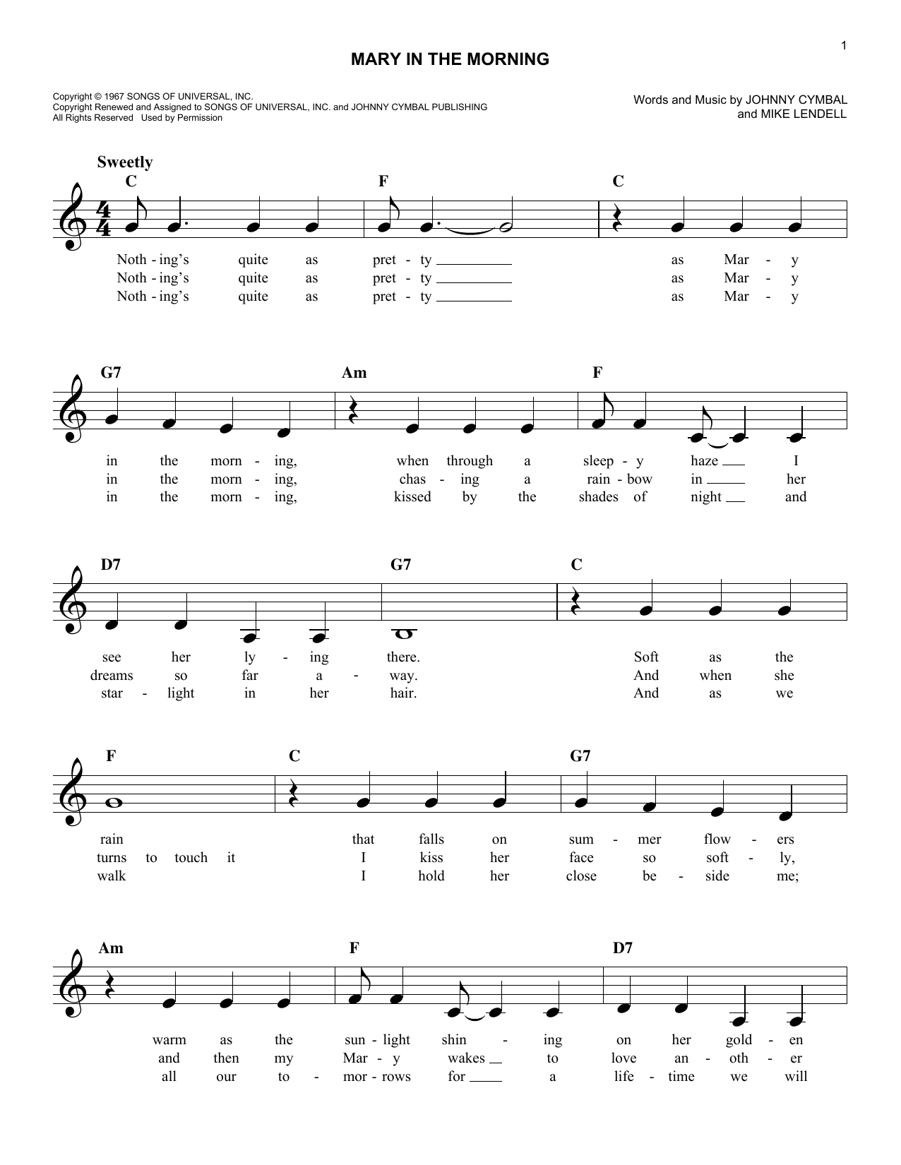 Mike Lendell Mary In The Morning Sheet Music Notes & Chords for Melody Line, Lyrics & Chords - Download or Print PDF