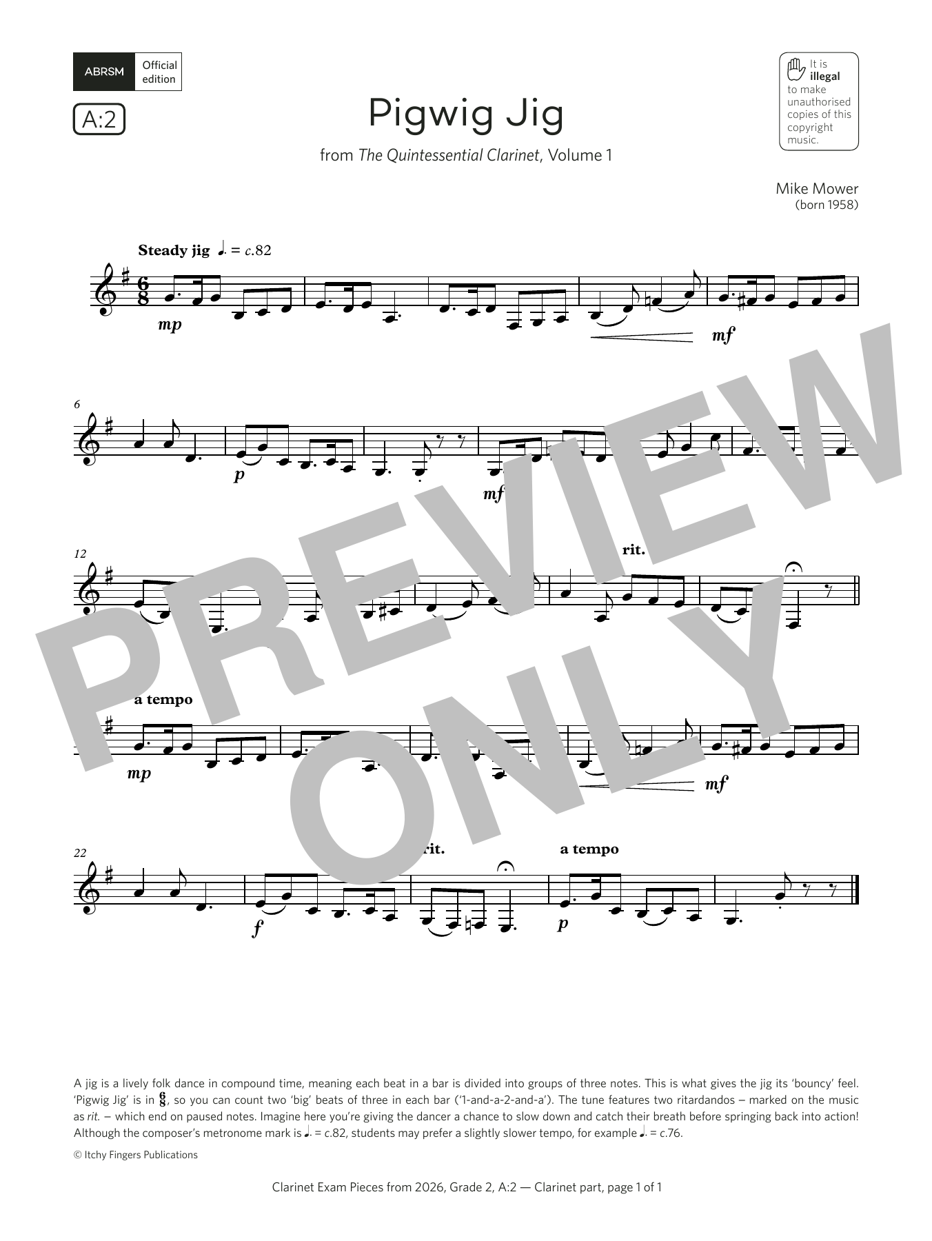 Mike Mower Pigwig Jig (Grade 2, list A2, from the ABRSM Clarinet Syllabus from 2026) Sheet Music Notes & Chords for Clarinet Solo - Download or Print PDF Mike Mower Pigwig Jig (Grade 2, list A2, from the ABRSM Clarinet Syllabus from 2026) Sheet Music Notes & Chords for Clarinet Solo - Download or Print PDF