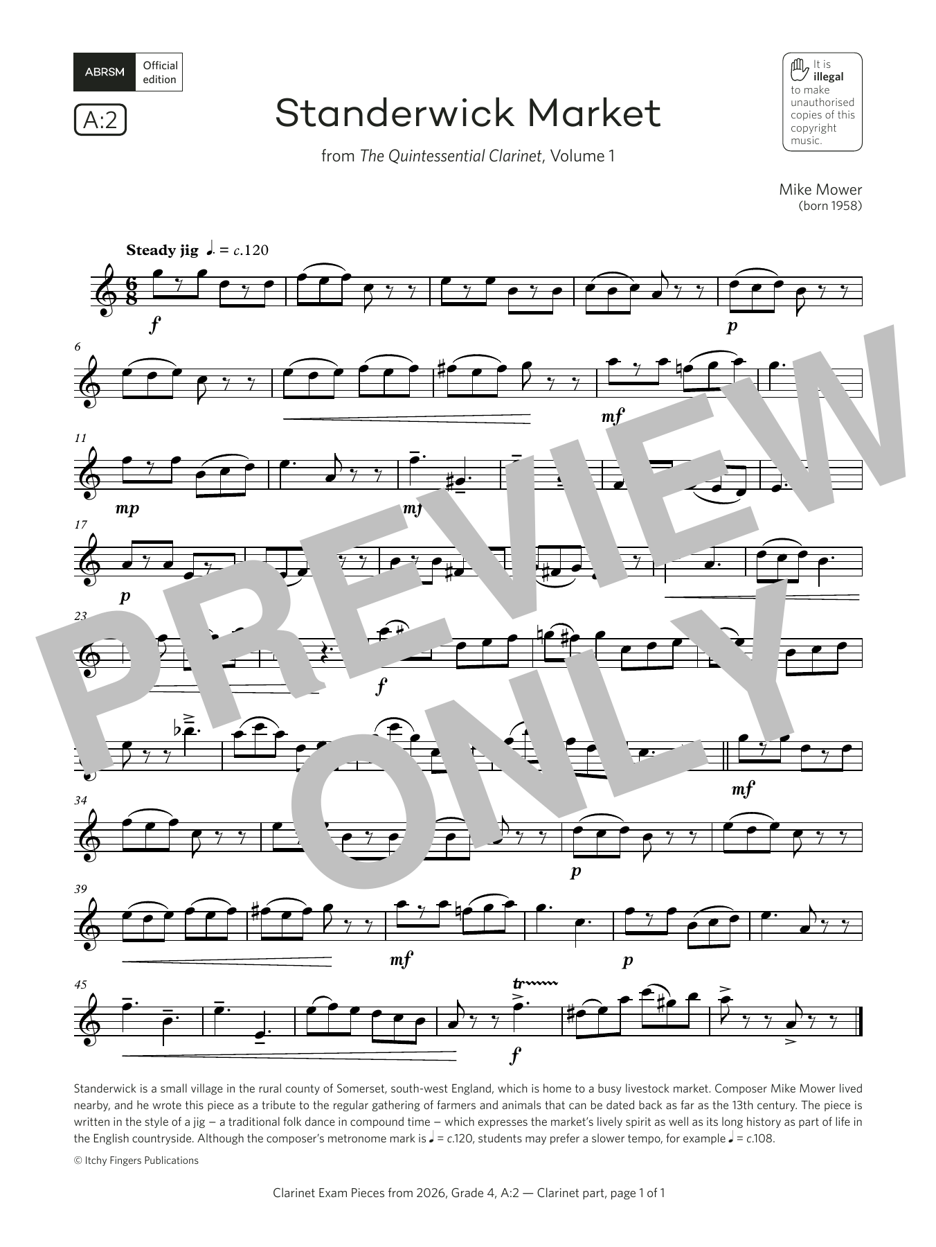 Mike Mower Standerwick Market (Grade 4, list A2, from the ABRSM Clarinet Syllabus from 2026) Sheet Music Notes & Chords for Clarinet Solo - Download or Print PDF Mike Mower Standerwick Market (Grade 4, list A2, from the ABRSM Clarinet Syllabus from 2026) Sheet Music Notes & Chords for Clarinet Solo - Download or Print PDF